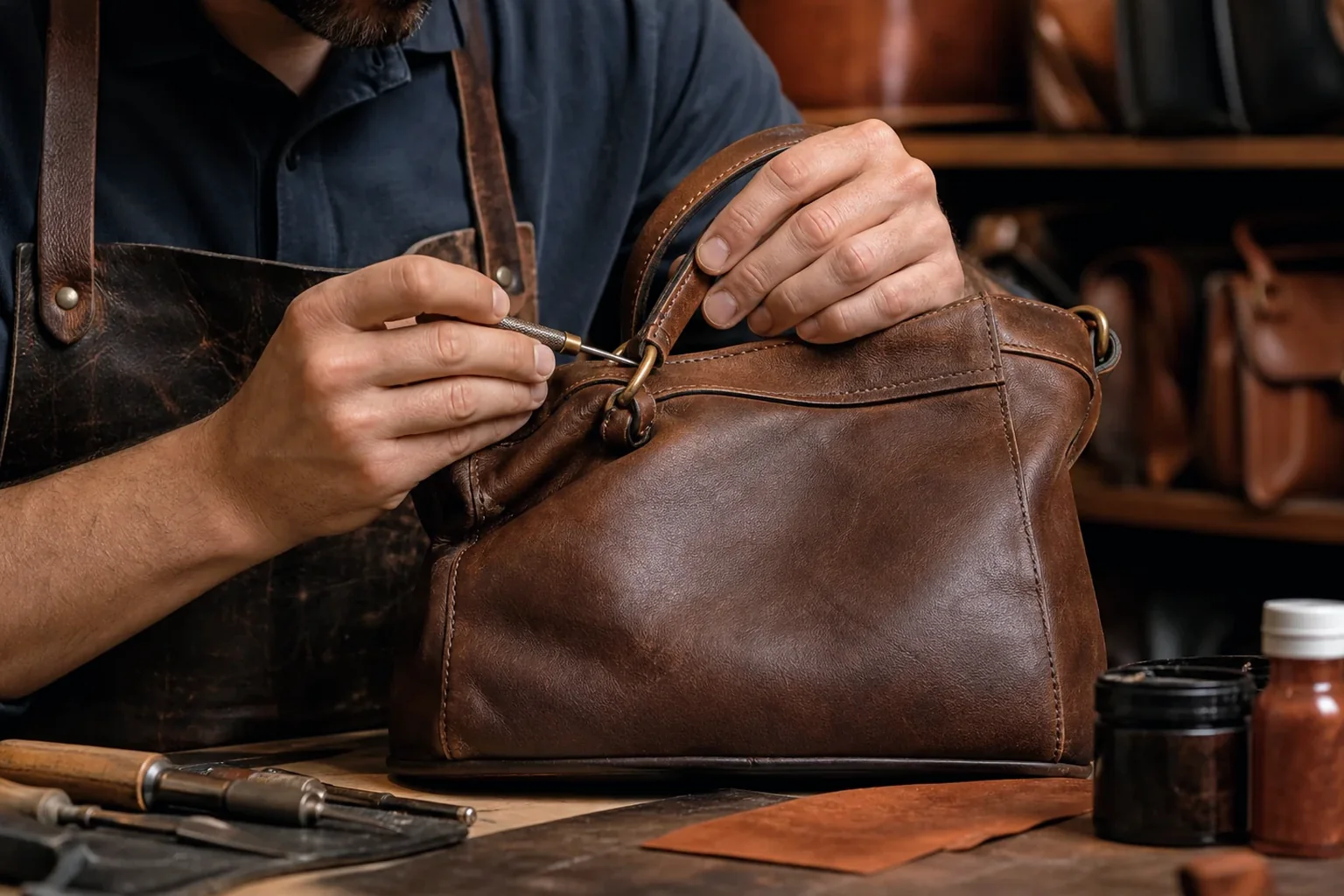 Sapateiro reformando uma bolsa de couro em Bragança Paulista.
